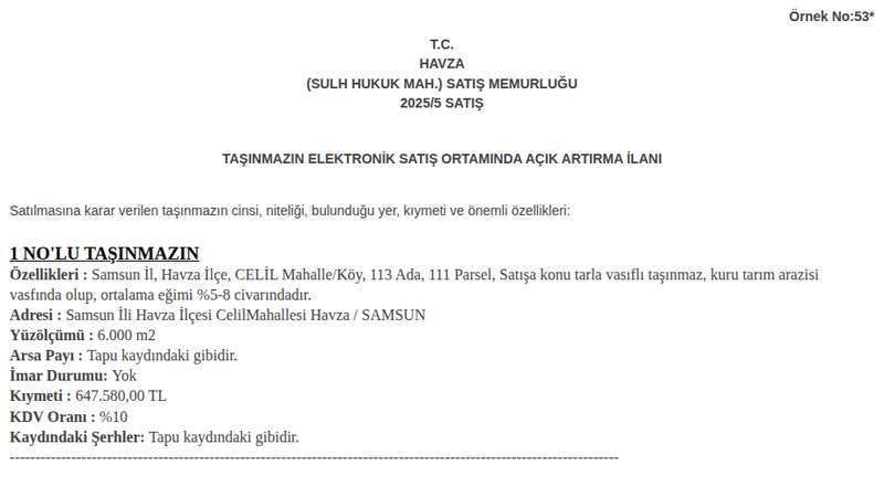 Arsa/Arazi - SAMSUN HAVZA - 6 m²