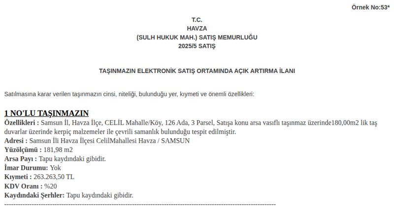 Arsa/Arazi - SAMSUN HAVZA - 180 m²
