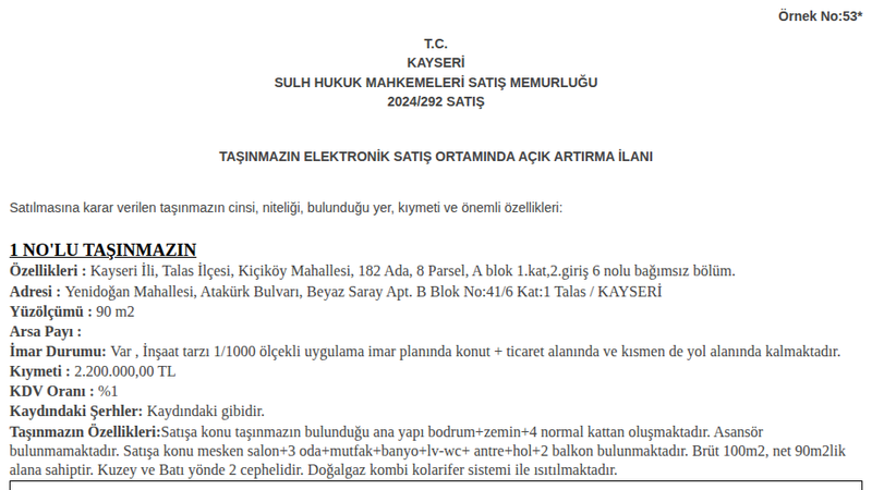 Konut - KAYSERİ TALAS - 90 m²
