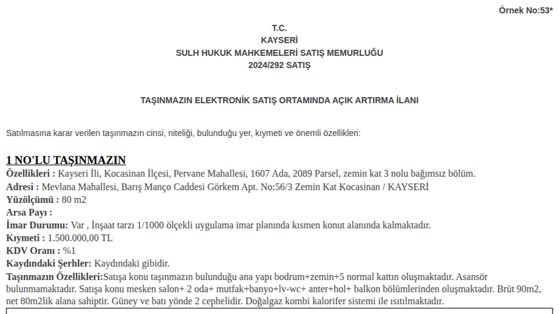 Konut - KAYSERİ KOCASİNAN - 80 m²