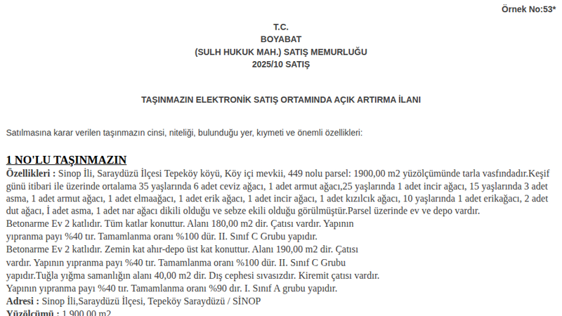 Satılık Tarla - Sinop Saraydüzü