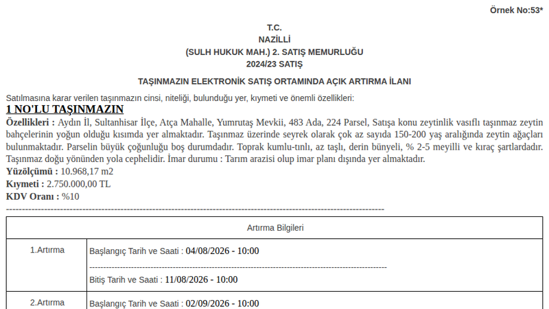 Arsa/Arazi - AYDIN SULTANHİSAR - 968,17 m²