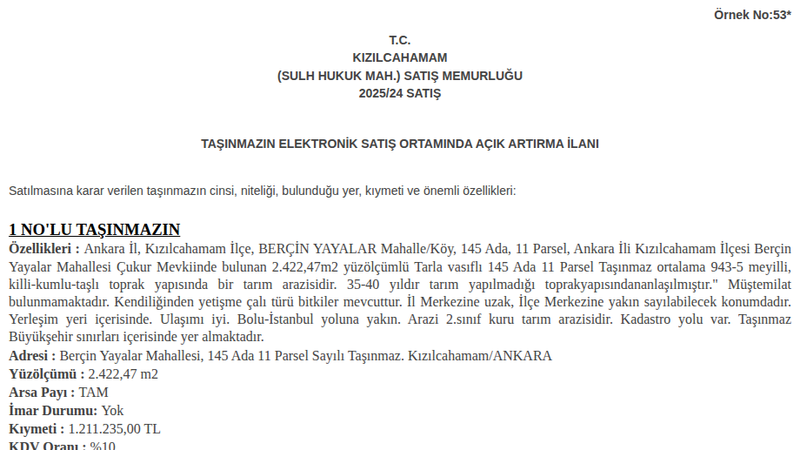 Arsa/Arazi - ANKARA KIZILCAHAMAM - 422,47 m²