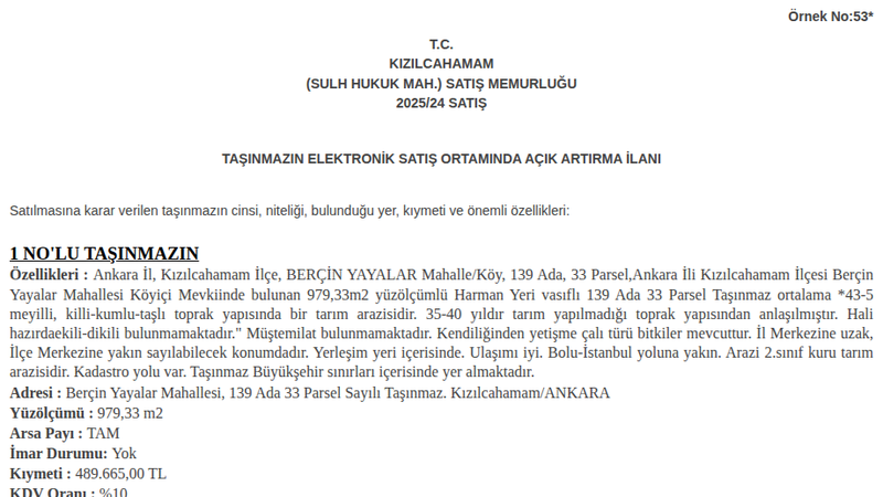 Arsa/Arazi - ANKARA KIZILCAHAMAM - 979,33 m²