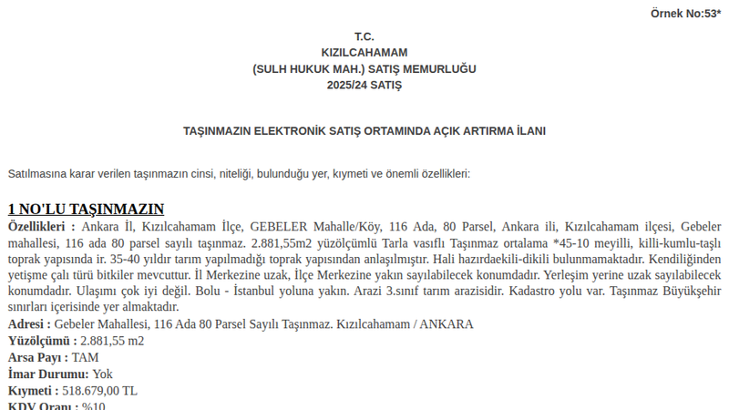 Arsa/Arazi - ANKARA KIZILCAHAMAM - 881,55 m²