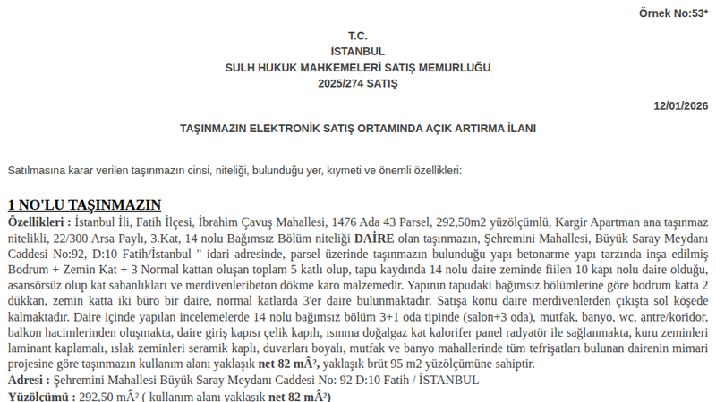 Konut - İSTANBUL FATİH - 292,50 m²