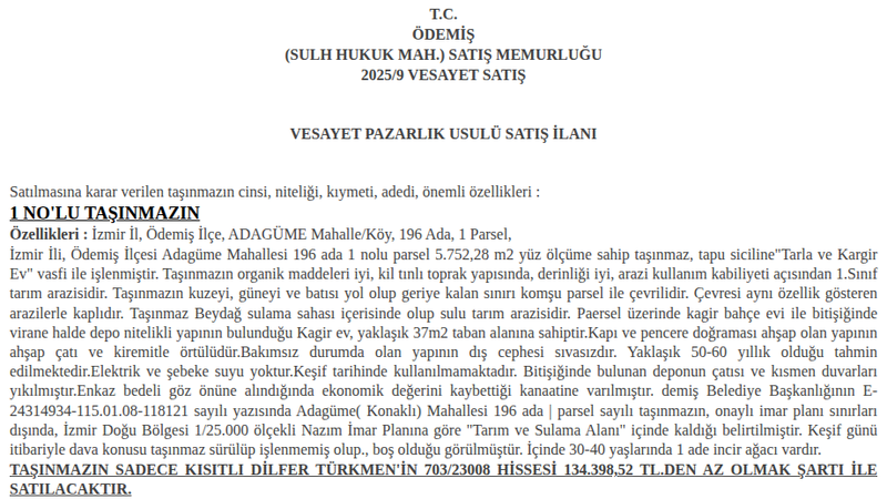 Arsa/Arazi - İZMİR ÖDEMİŞ - 752,28 m²