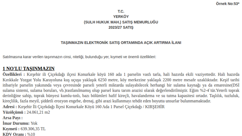 Satılık Tarla - Kırşehir Çiçekdağı