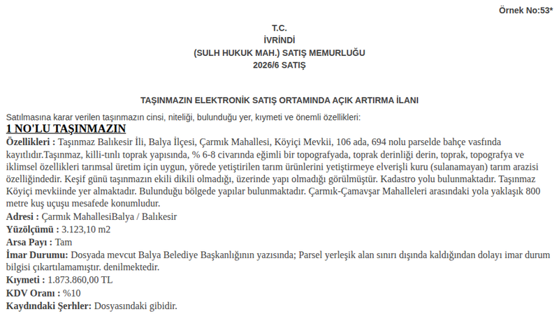 Satılık Arsa/Arazi - Balıkesir Balya