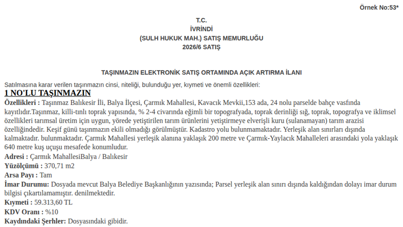Satılık Arsa/Arazi - Balıkesir Balya