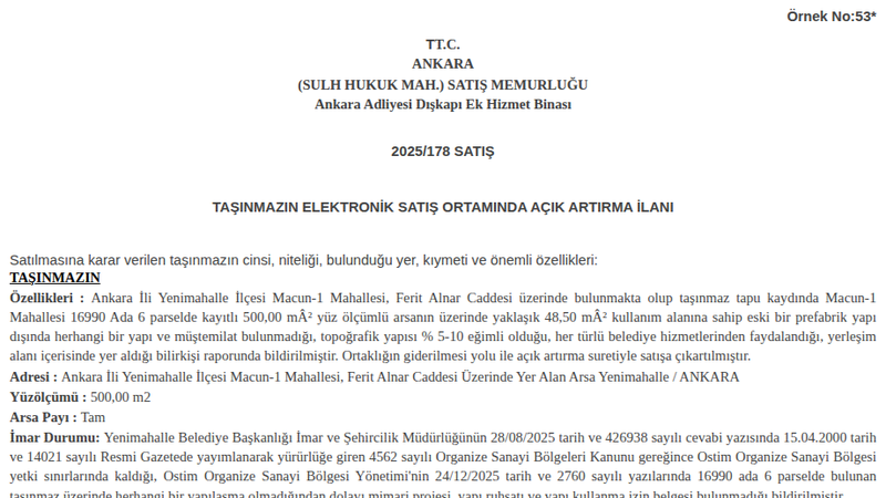 Arsa/Arazi - ANKARA YENİMAHALLE - 500 m²
