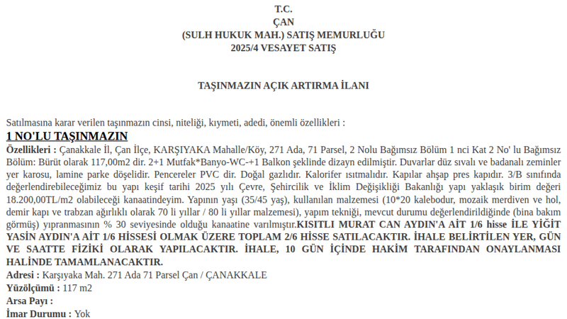 Arsa/Arazi - ÇANAKKALE ÇAN - 117 m²