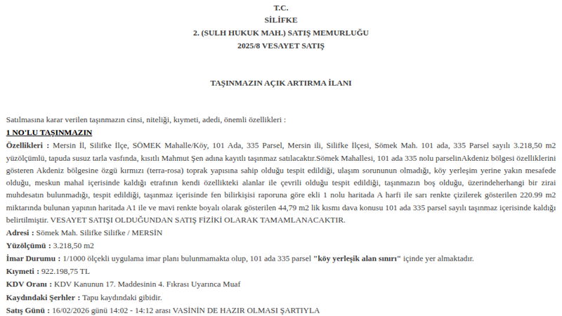 Arsa/Arazi - MERSİN SİLİFKE - 218,50 m²