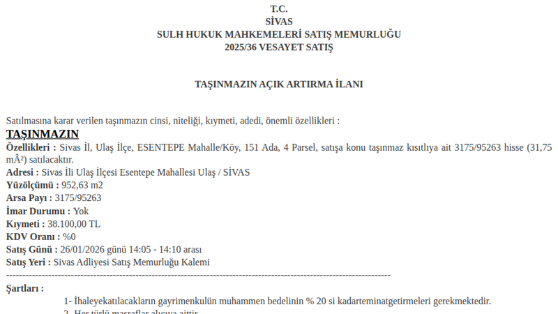 Arsa/Arazi - SİVAS ULAŞ - 31,75 m²