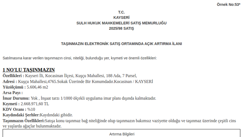 Arsa/Arazi - KAYSERİ KOCASİNAN - 606,46 m²