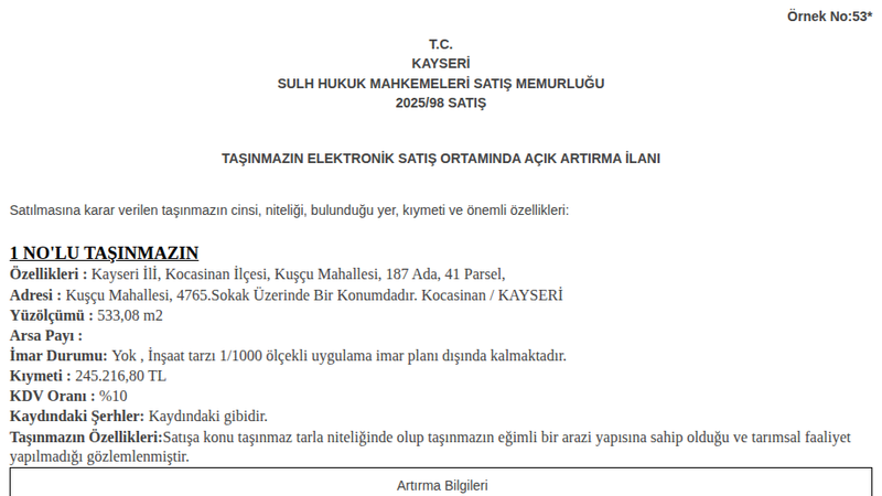 Arsa/Arazi - KAYSERİ KOCASİNAN - 533,08 m²