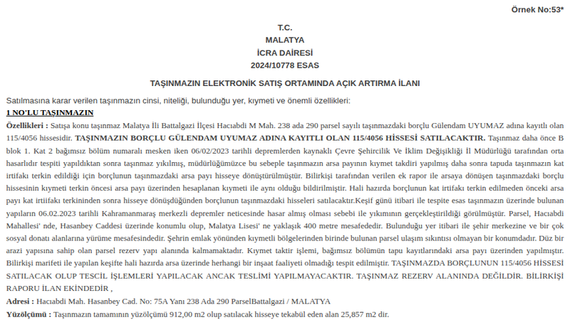 Konut - MALATYA BATTALGAZİ - 912 m²
