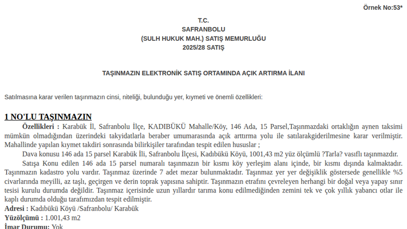 Arsa/Arazi - KARABÜK SAFRANBOLU - 1.001,43 m²