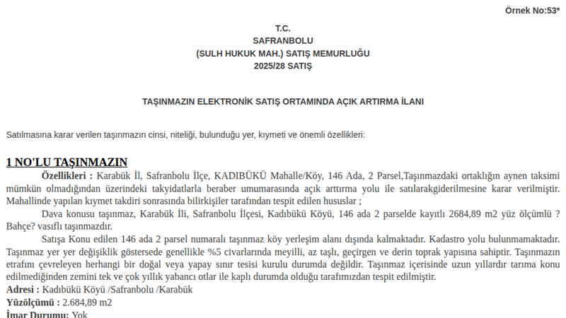 Arsa/Arazi - KARABÜK SAFRANBOLU - 2.684,89 m²