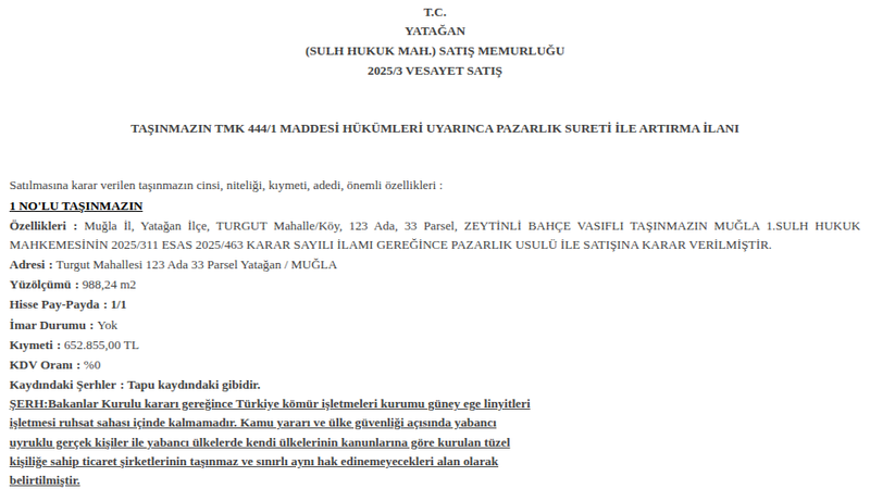 Arsa/Arazi - MUĞLA YATAĞAN - 988,24 m²