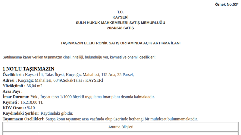 Arsa/Arazi - KAYSERİ TALAS - 36,04 m²