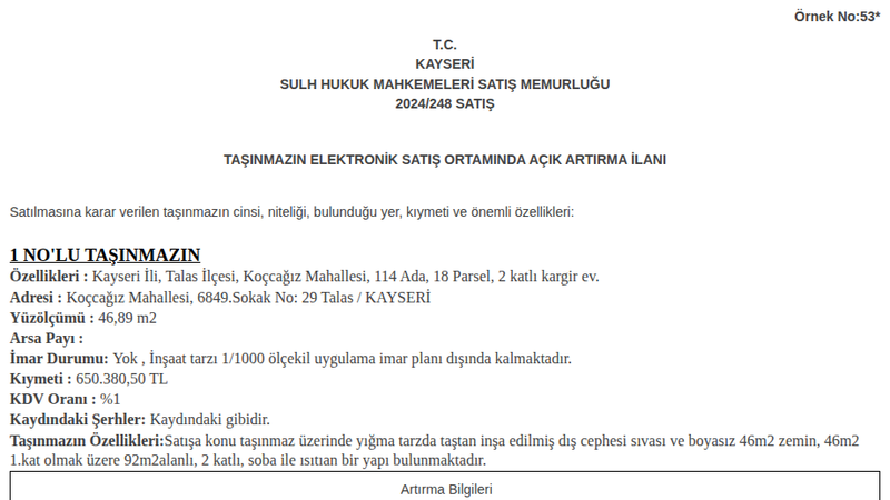 Arsa/Arazi - KAYSERİ TALAS - 46,89 m²