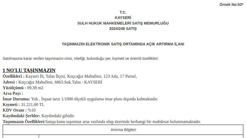 Arsa/Arazi - KAYSERİ TALAS - 69,38 m²