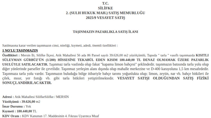 Arsa/Arazi - MERSİN SİLİFKE - 626 m²