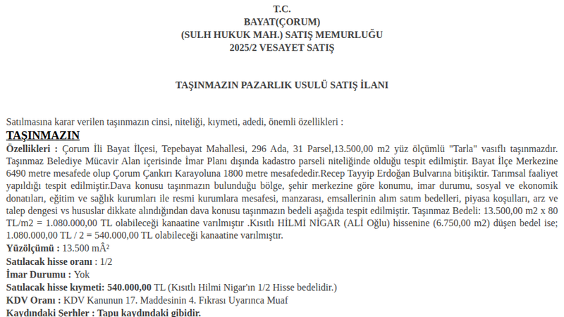 Arsa/Arazi - ÇORUM BAYAT - 500 m²