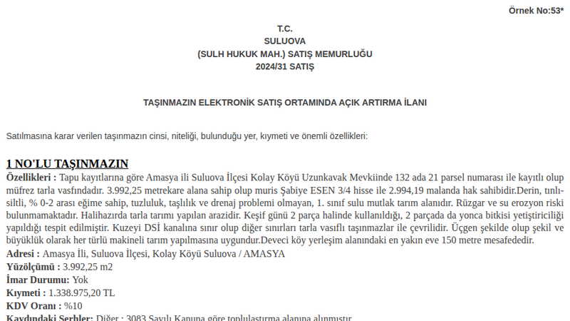 Arsa/Arazi - AMASYA SULUOVA - 992,25 m²