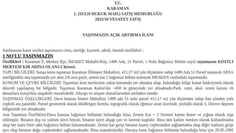 Satılık Daire - Karaman Merkez