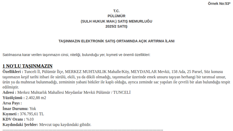 Satılık Arsa/Arazi - Tunceli Pülümür