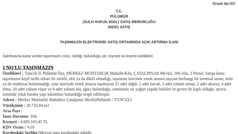 Satılık Arsa/Arazi - Tunceli Pülümür