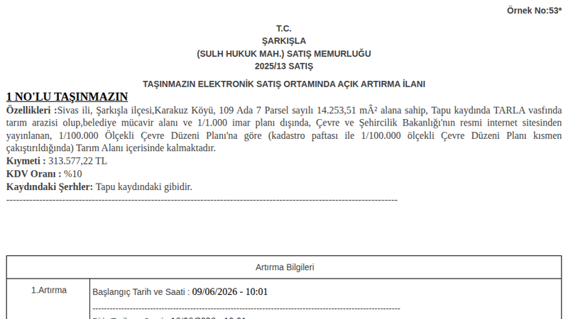 Arsa/Arazi - SİVAS ŞARKIŞLA - 253,51 m²