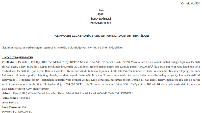 Arsa/Arazi - DENİZLİ ÇAL - 4.000 m²