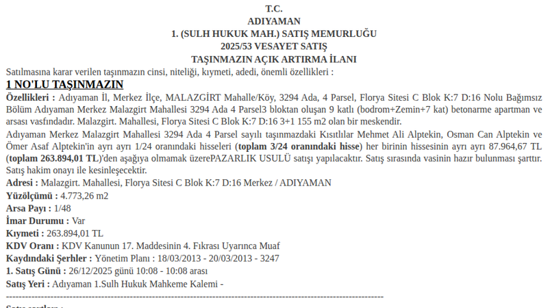 Arsa/Arazi - ADIYAMAN MERKEZ - 155 m²