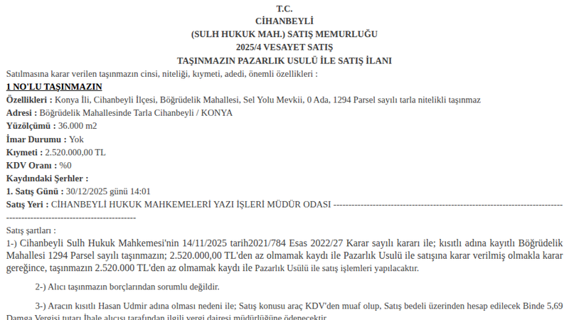 Arsa/Arazi - KONYA CİHANBEYLİ - 36 m²