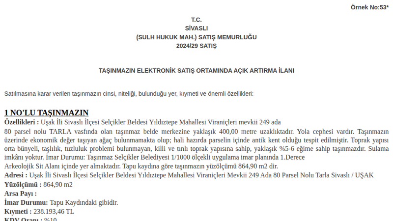 Arsa/Arazi - UŞAK SİVASLI - 864,90 m²