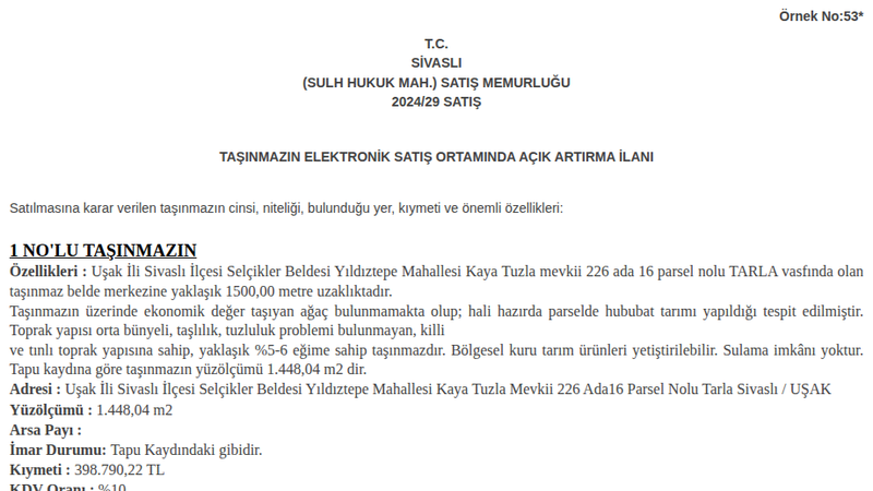 Arsa/Arazi - UŞAK SİVASLI - 448,04 m²