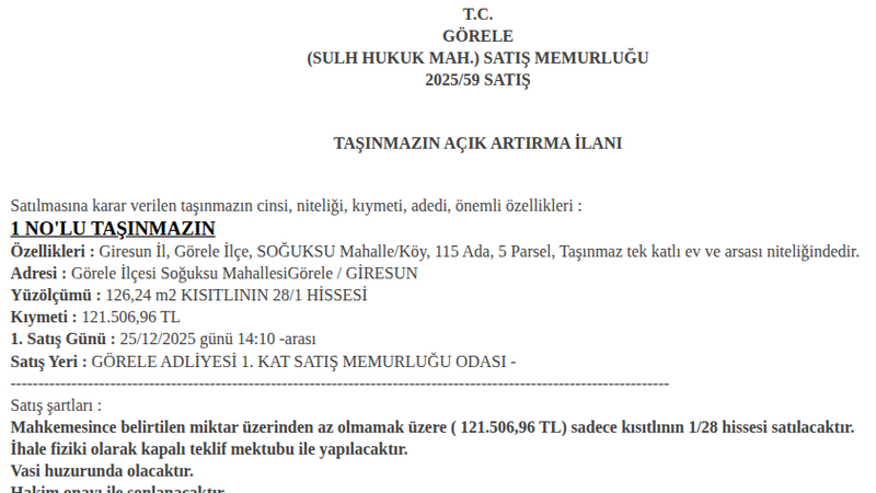 Konut - GİRESUN GÖRELE - 126,24 m²