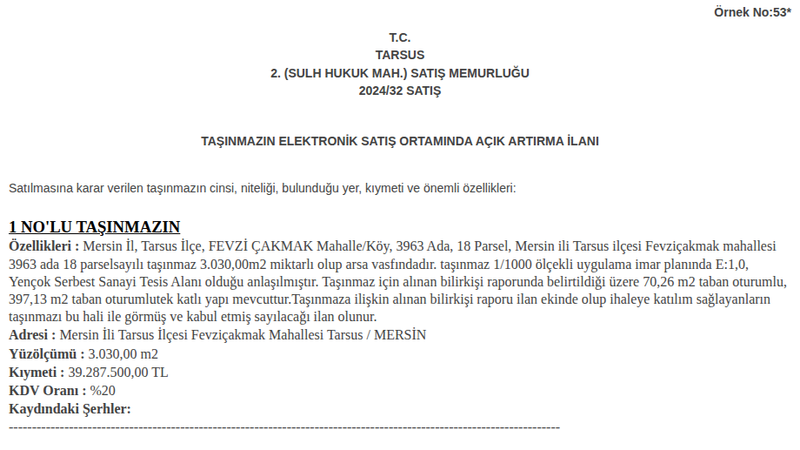 Satılık Arsa/Arazi - Mersin Tarsus