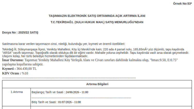 Arsa/Arazi - TEKİRDAĞ SÜLEYMANPAŞA - 165,65 m²