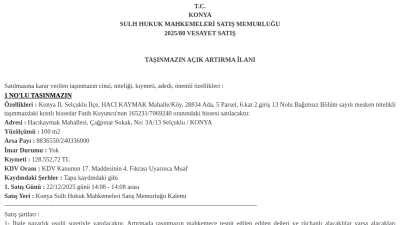 Konut - KONYA SELÇUKLU - 100 m²
