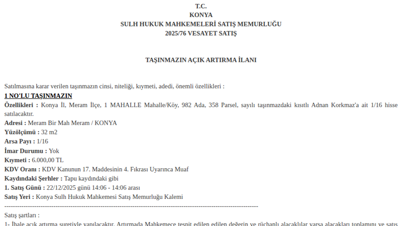 Arsa/Arazi - KONYA MERAM - 32 m²