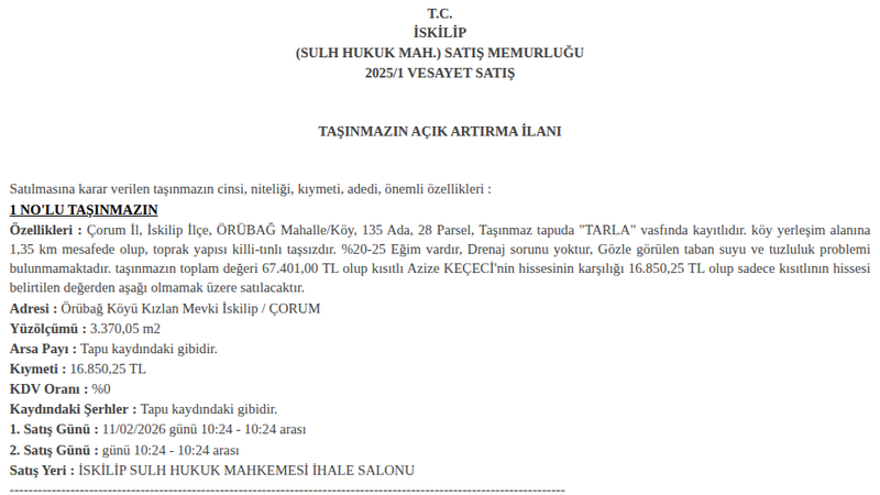 Arsa/Arazi - ÇORUM İSKİLİP - 370,05 m²