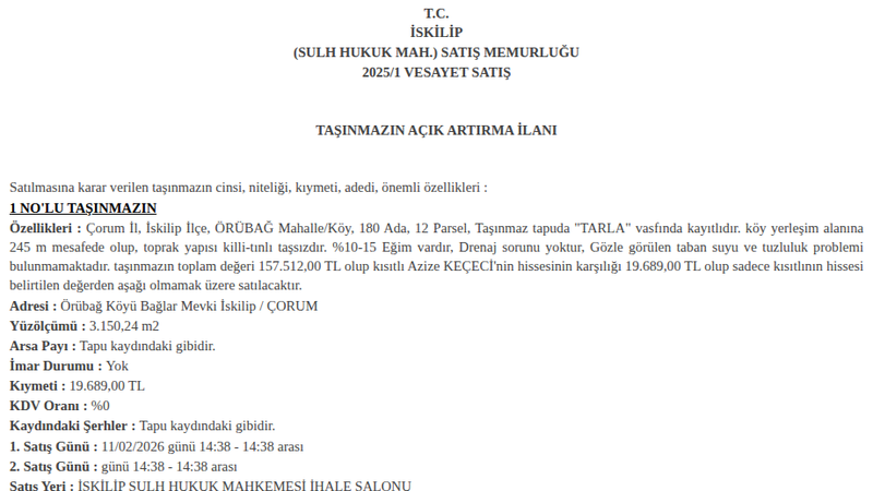 Arsa/Arazi - ÇORUM İSKİLİP - 150,24 m²