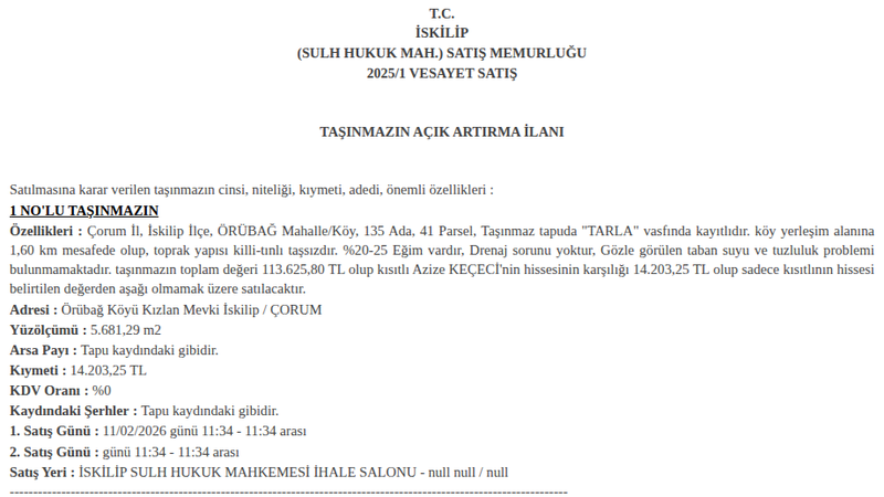 Arsa/Arazi - ÇORUM İSKİLİP - 681,29 m²