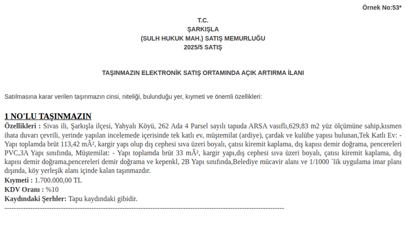 Arsa/Arazi - SİVAS ŞARKIŞLA - 629,83 m²