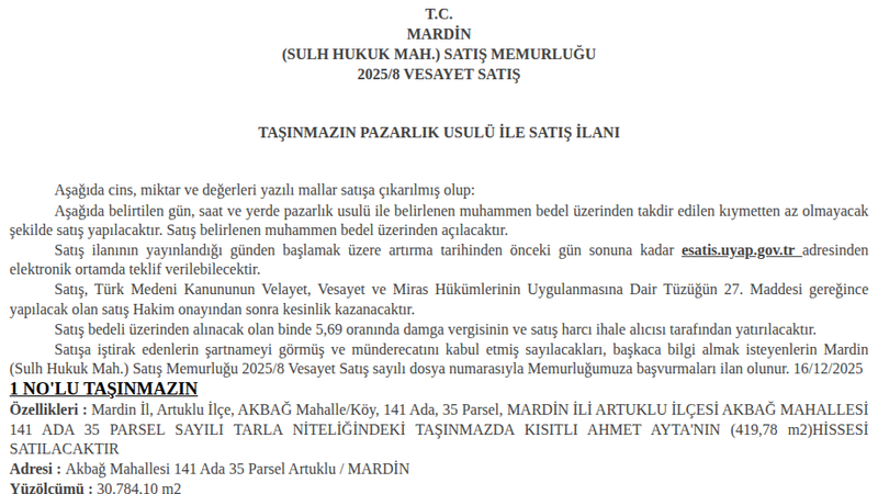 Arsa/Arazi - MARDİN ARTUKLU - 419,78 m²