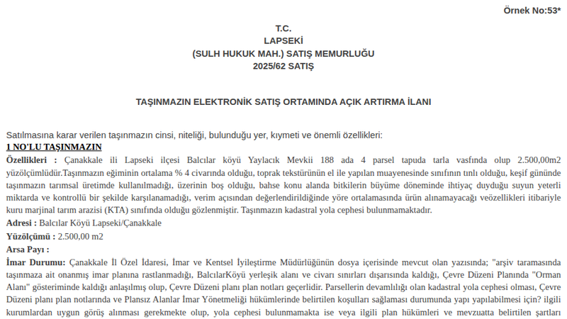 Satılık Tarla - Çanakkale Lapseki